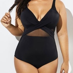 Black Cut Out Mesh Underwire One Piece Swimsuit